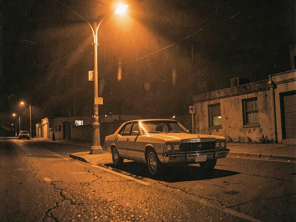 Car parked alone under orange streetlight, surveillance aesthetic, midnight evid