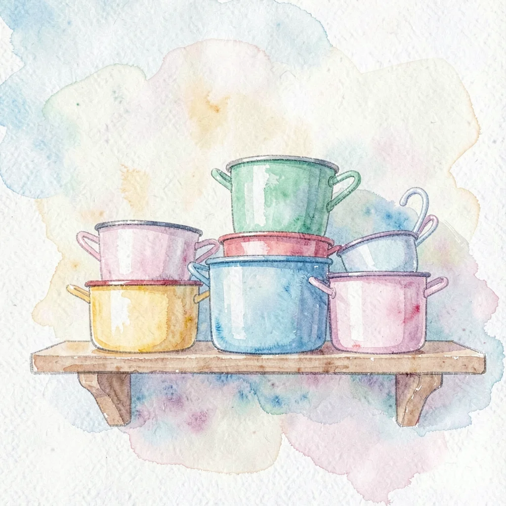 Soft wash of a wall shelf with stacked enamelware in soft pastel colors