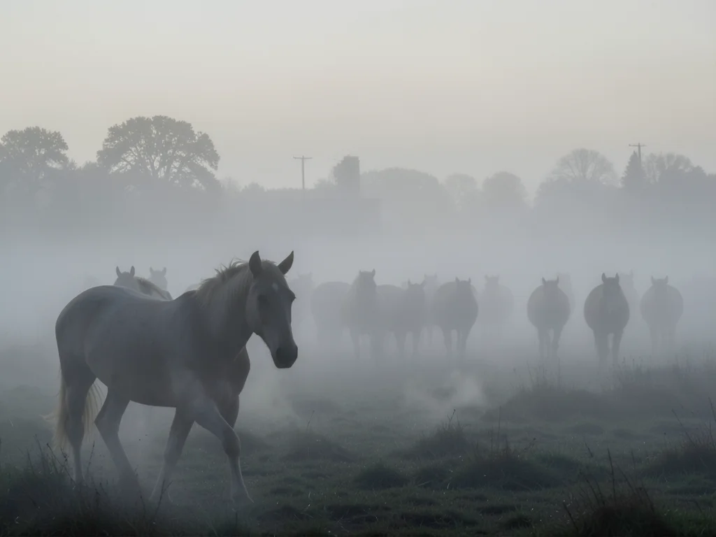 Horses in a foggy field, their breath visible as clouds, the nearest horse sharp