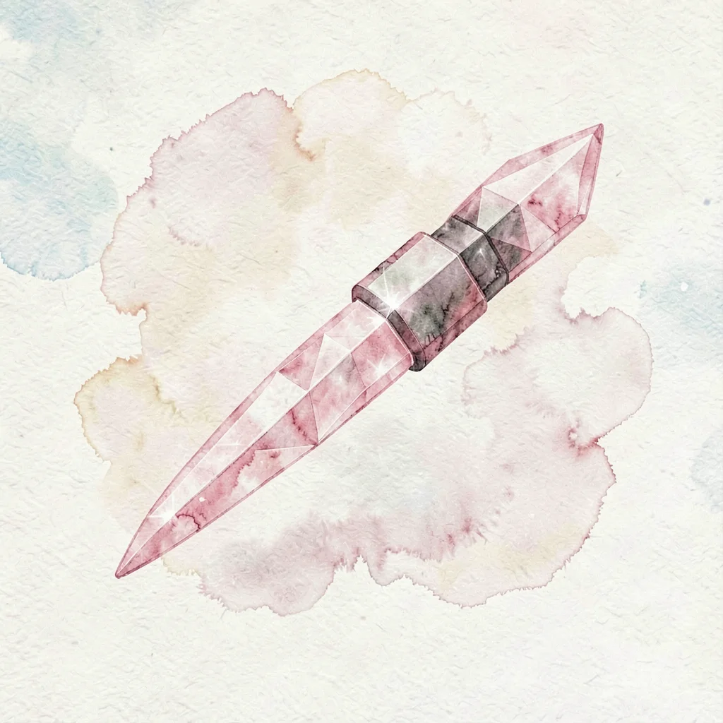 Faceted rose-quartz lowpoly throwing knife mid-spin frozen in air with pink inte