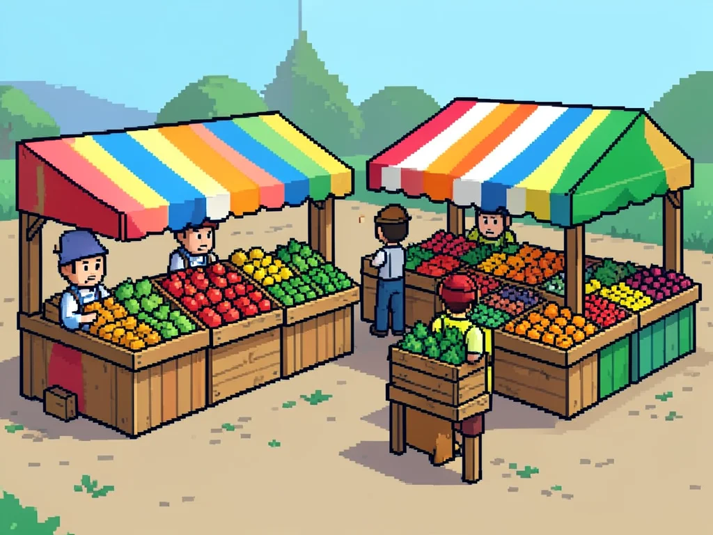 A pixel art farmer's market: colorful stalls, tiny vendor characters, stacks of 