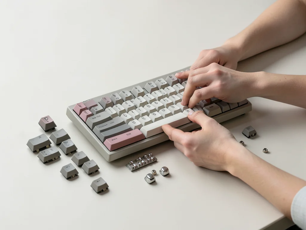 Hands assembling a custom mechanical keyboard, keycaps and switches spread on de