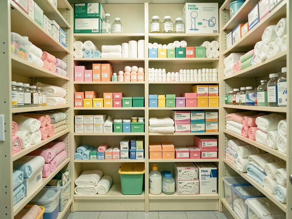 Medical supply closet with obsessively organized shelves, bandages and gauze in 