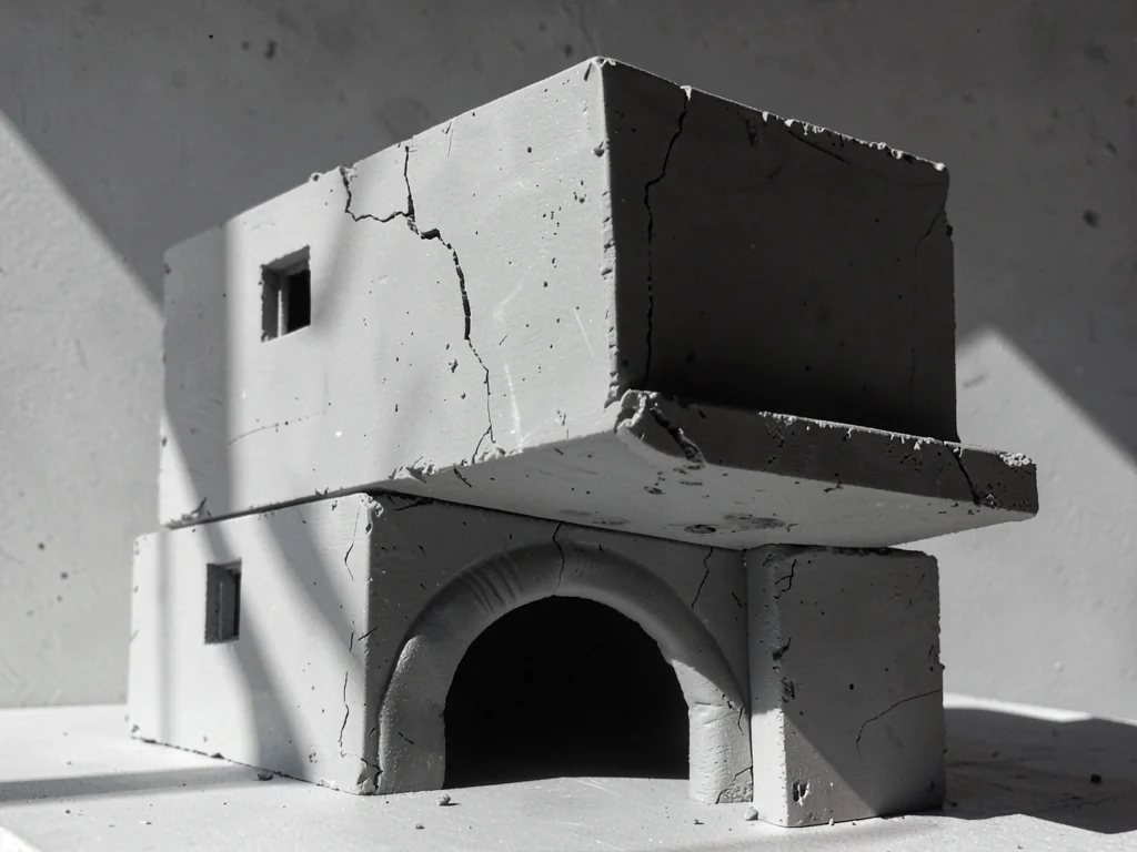 Cantilevered concrete dwelling rendered in chunky grey clay, the upper volume ju