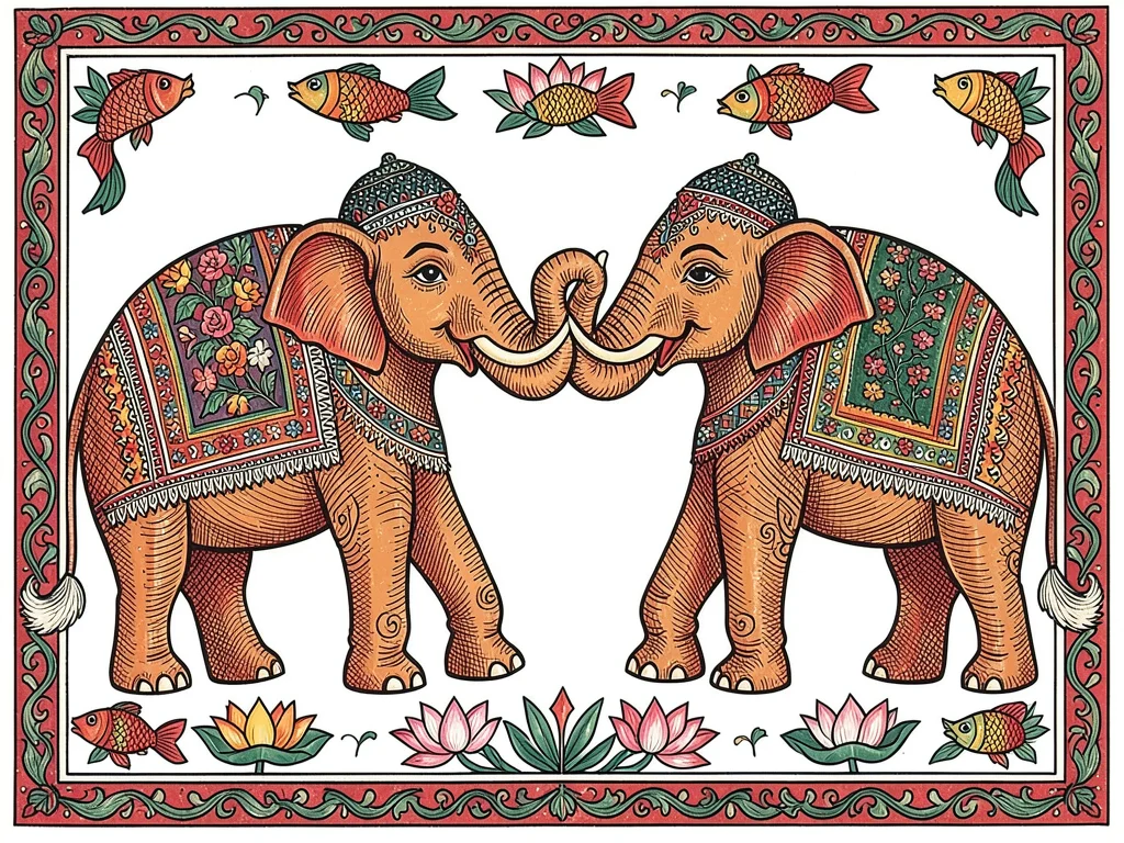 Pair of elephants facing each other, trunks intertwined, decorative blankets on 