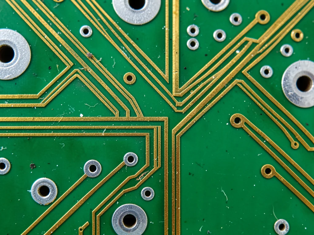 An extreme macro of a vintage PCB surface — green soldermask, gold trace lines r