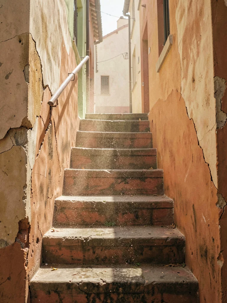 Dusty afternoon staircase with cracked plaster on the flanking walls, fine grit 