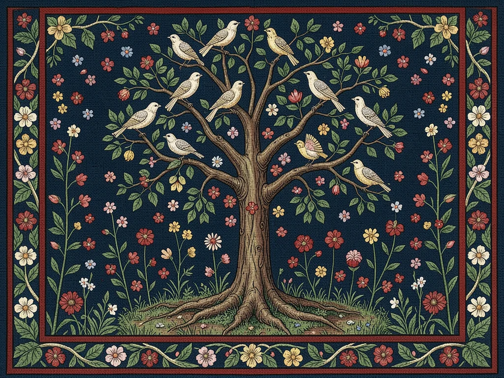 Central Oak with Birds on Millefleur