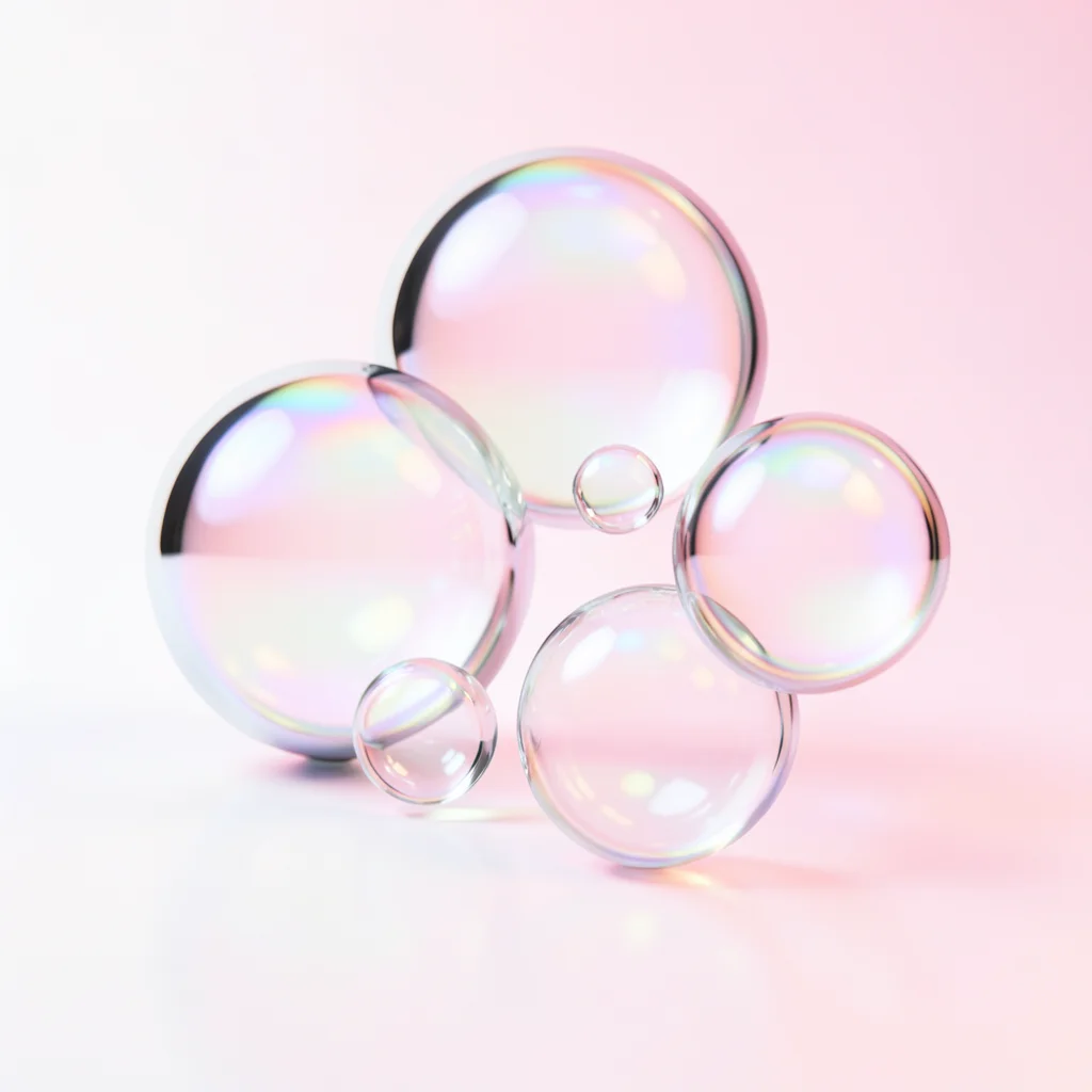Chrome and glass spheres reflecting each other, on a gradient from white to pale