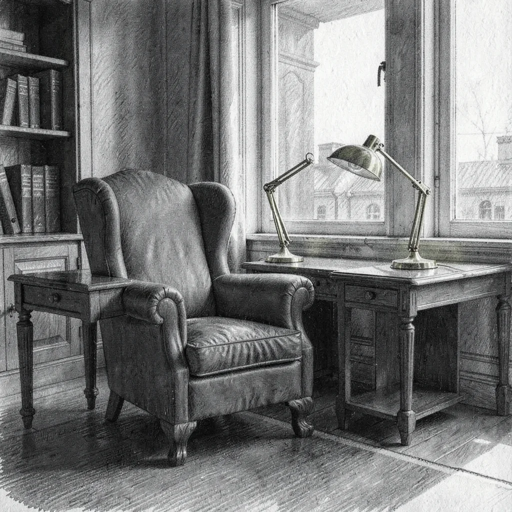 Charcoal study of a quiet office with a wingback chair, a small desk, and a bras