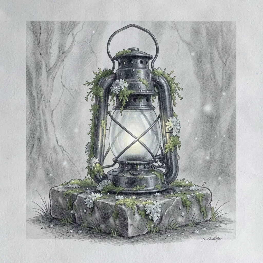 Close concept study of a moss-wrapped iron lantern resting on damp stone, flecks