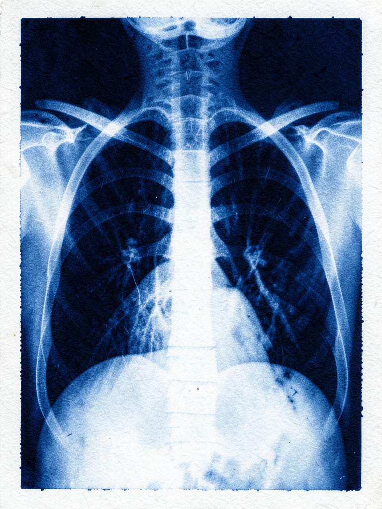 Chest x-ray aesthetic showing ribcage architecture, lungs as dark fields