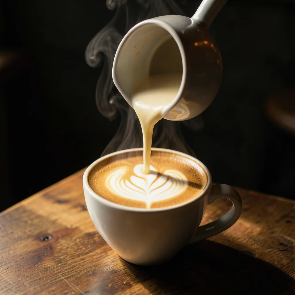 A latte art pour from directly above: the milk pitcher creating a swan pattern i