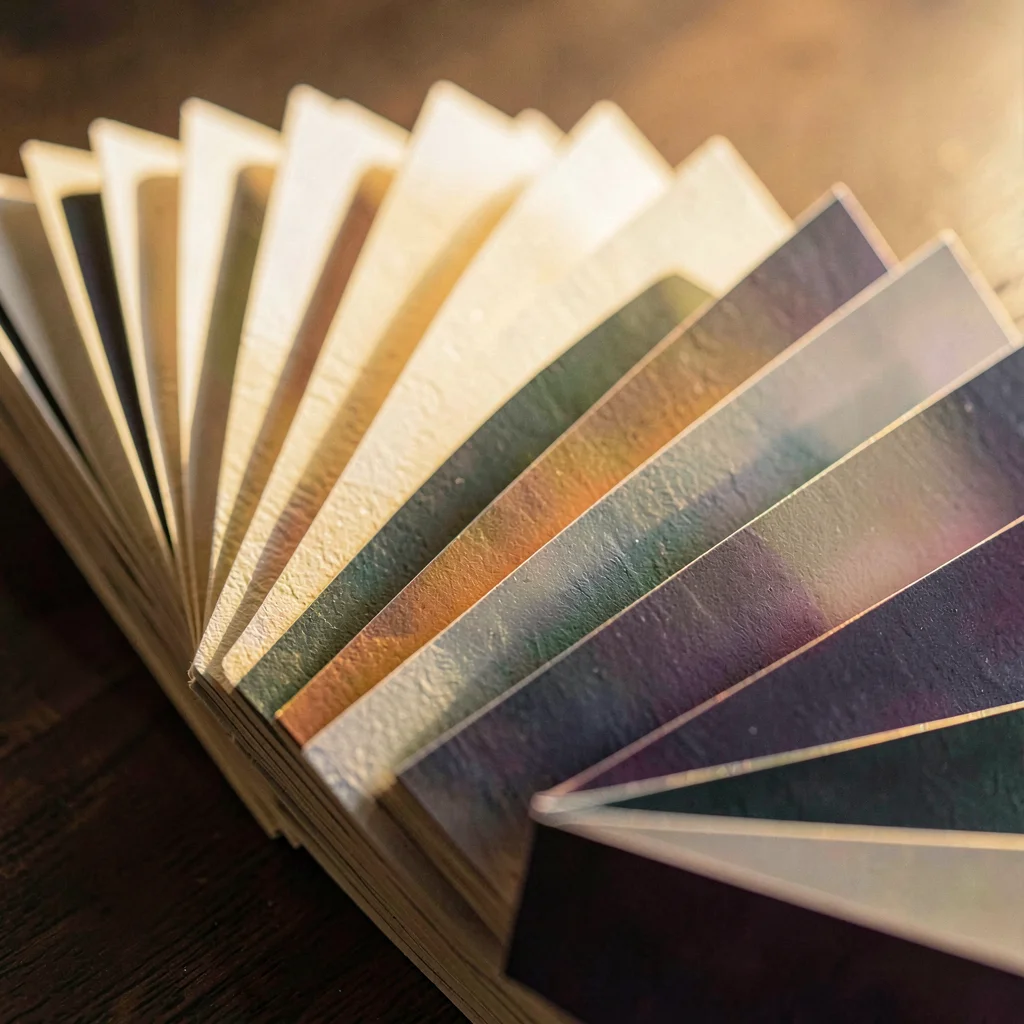 Texture study of fanned cards with edge gradient catching low warm light