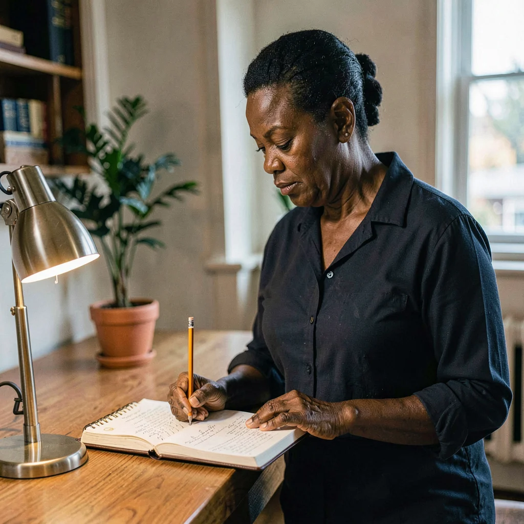 A determined Black floor-manager in her forties checking a reservation book with