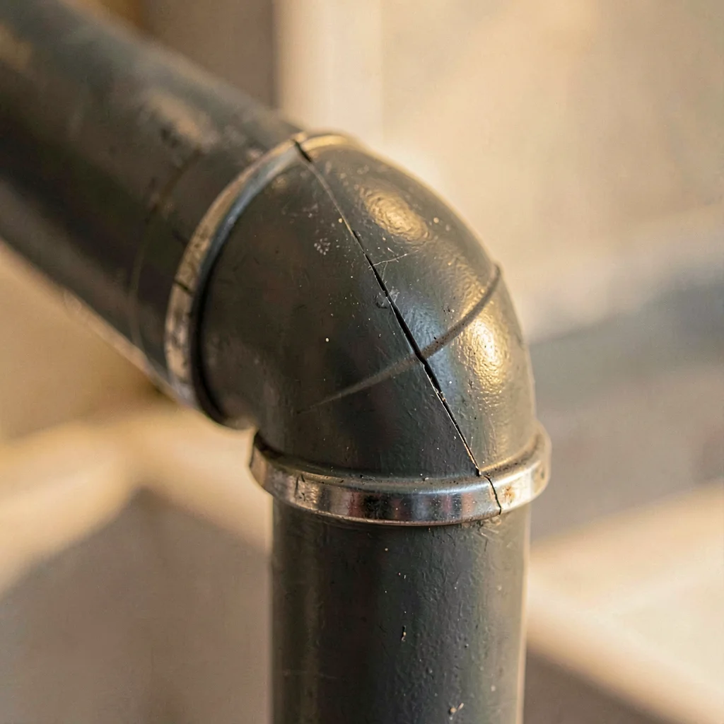 Tight crop of EMT conduit with a freshly bent 90-degree elbow, soft side-light r