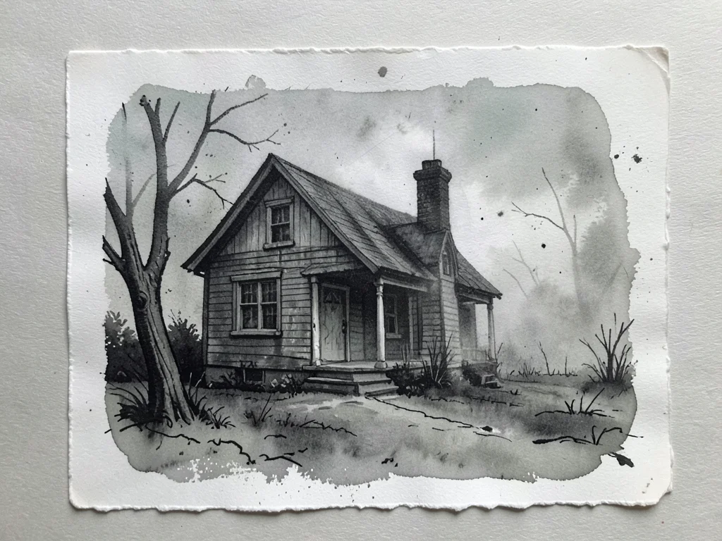 Ghost monoprint of haunted house, second pull creating actual ghostly effect