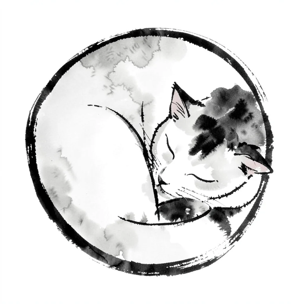 Cat curled into a sleeping circle, one unbroken brushstroke outline