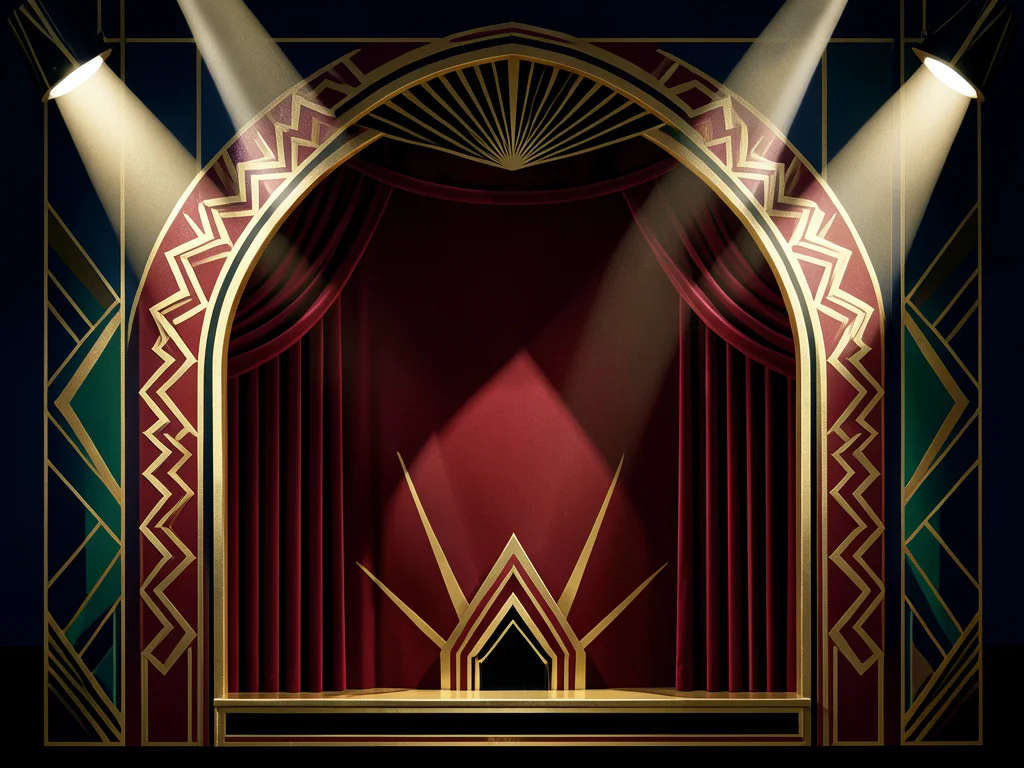 A theater proscenium arch in gold and deep red, geometric zigzag border, spotlig