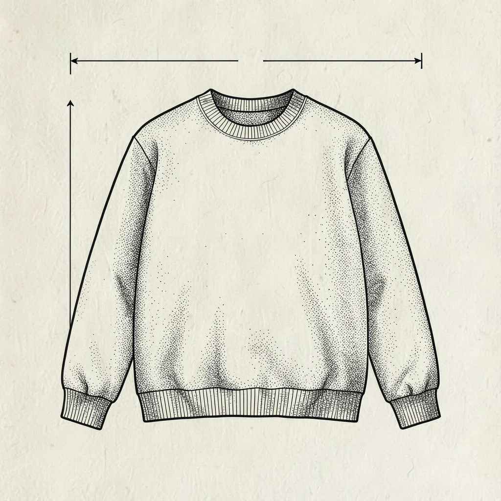 Pen-ink technical-style flat of a dog sweater with hairline measurement arrows, 