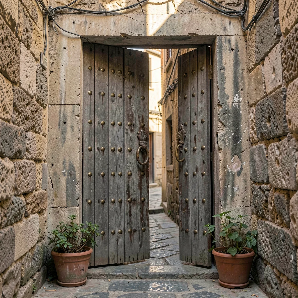 Historic medina photography, labyrinthine old city, A wooden door studded with b