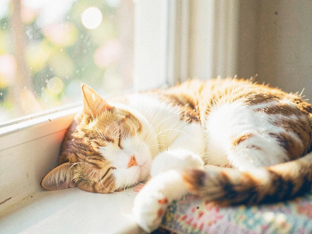 Cat sleeping in a sunny window seat