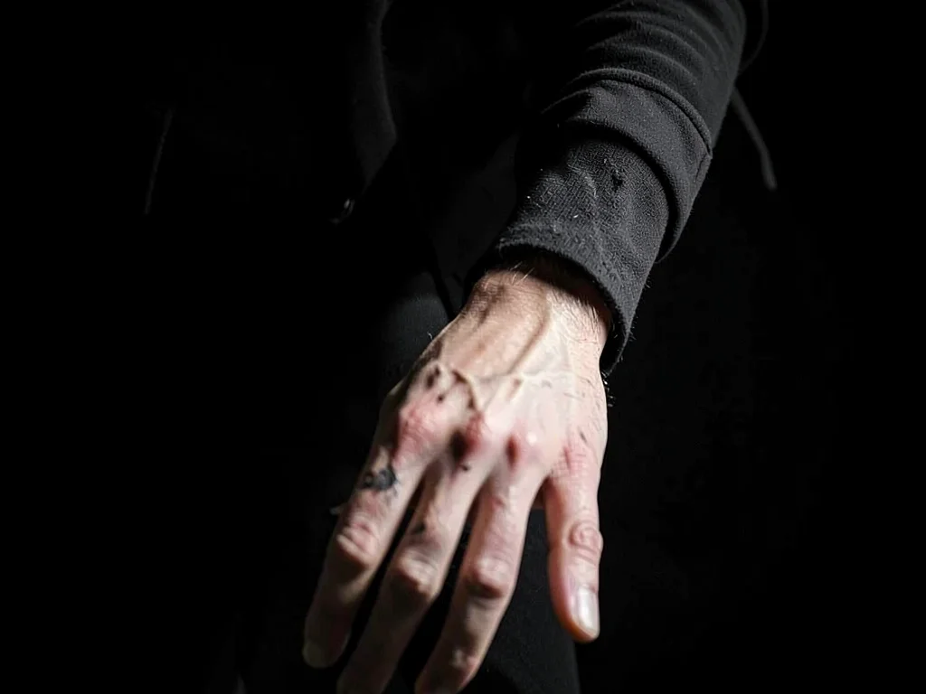 Person's hand at extreme bottom reaching toward invisible object