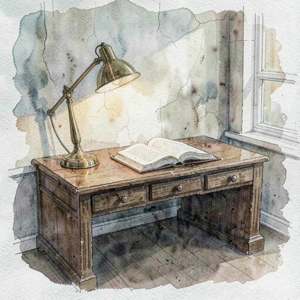Watercolor of an oak desk with an open specimen book under a brass lamp
