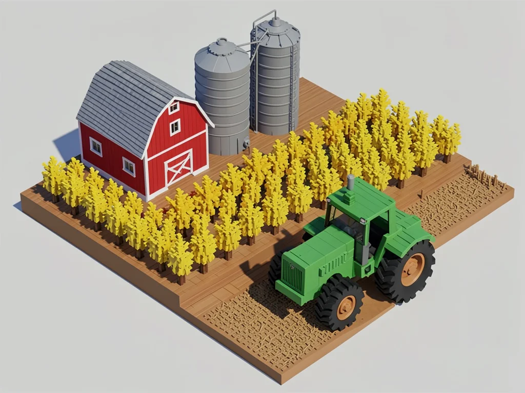 A farm scene with a red barn, silos, yellow corn rows, and a green tractor made 
