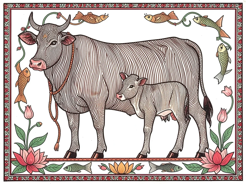 Cow and calf standing together, their bodies filled with parallel line texture