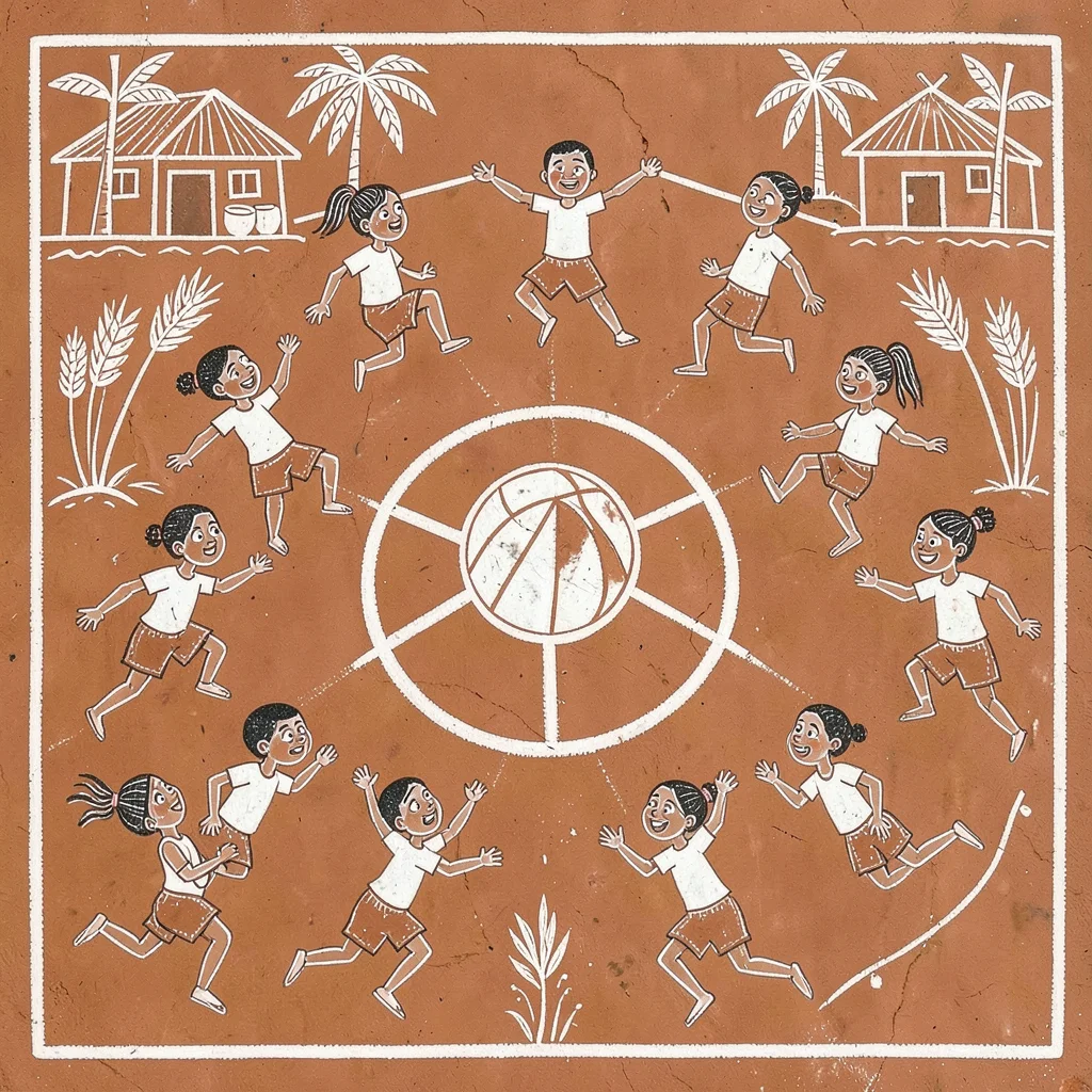 Group of children playing with a round ball — stick figures leaping around it