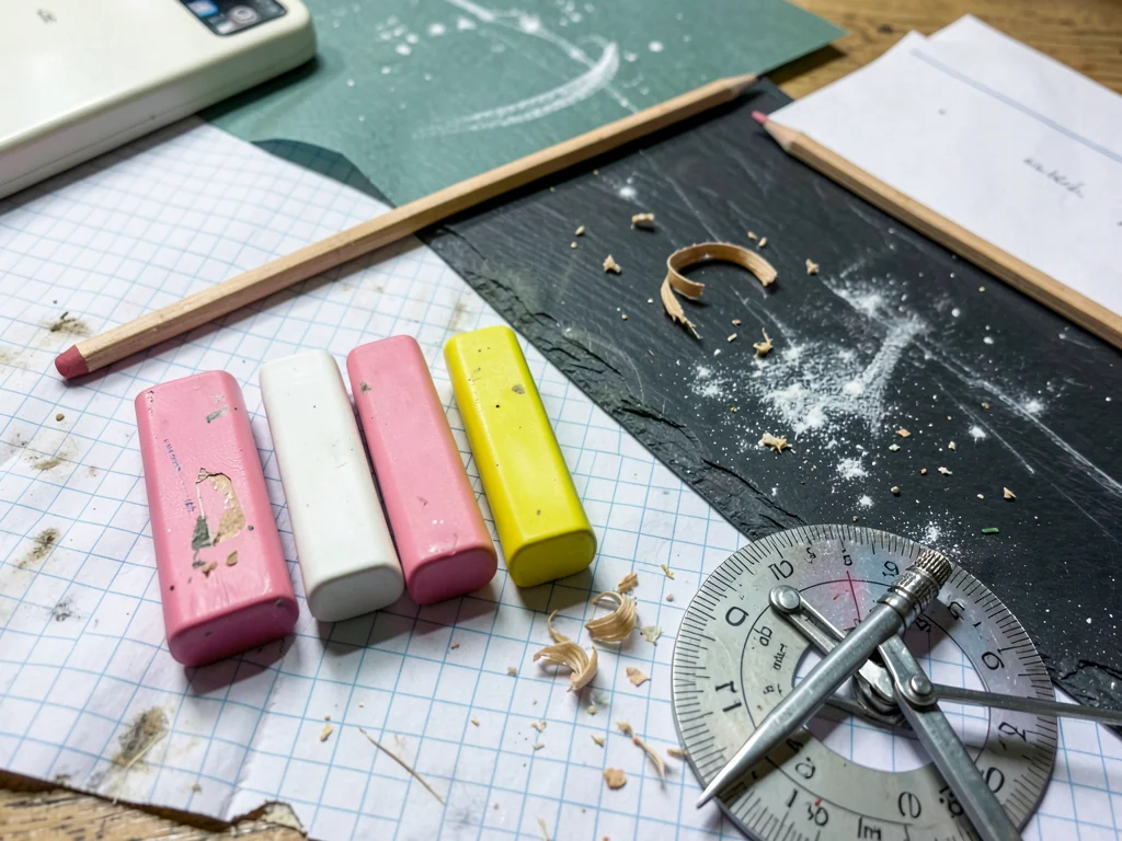 Pencil Erasers Row Pink White Yellow Used