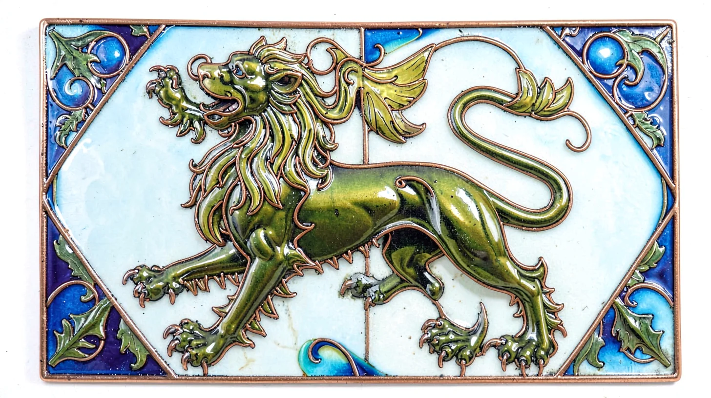 Cloisonné enamel illustration, lion rampant heraldic , copper wire outlines, gla