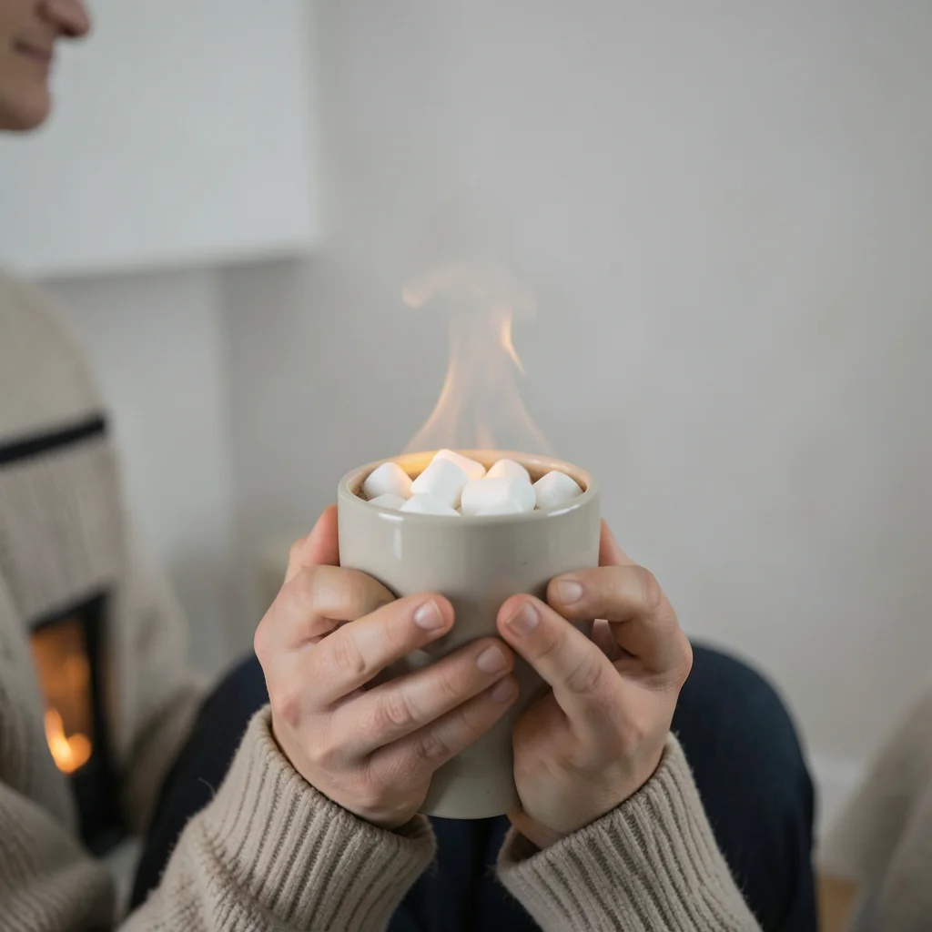 Hands cupping hot chocolate with marshmallows, fireplace glow on face