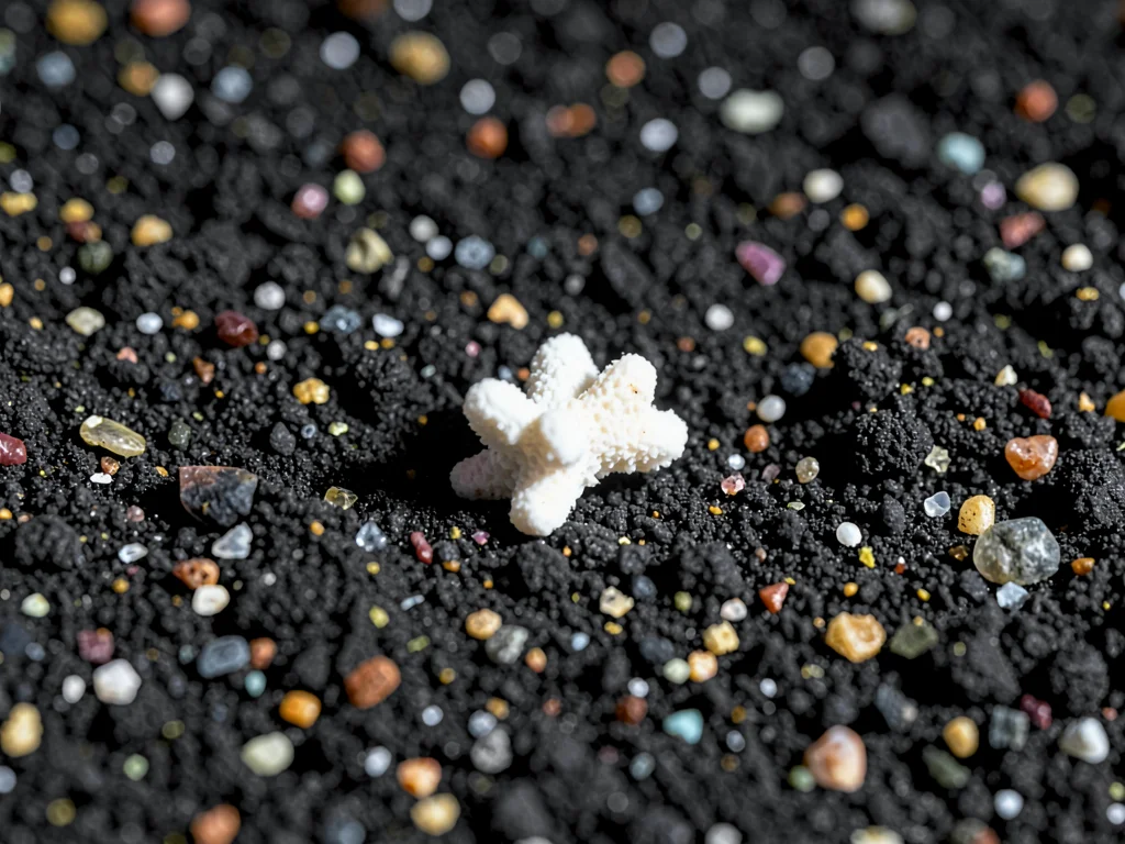 Black sand with single white coral fragment