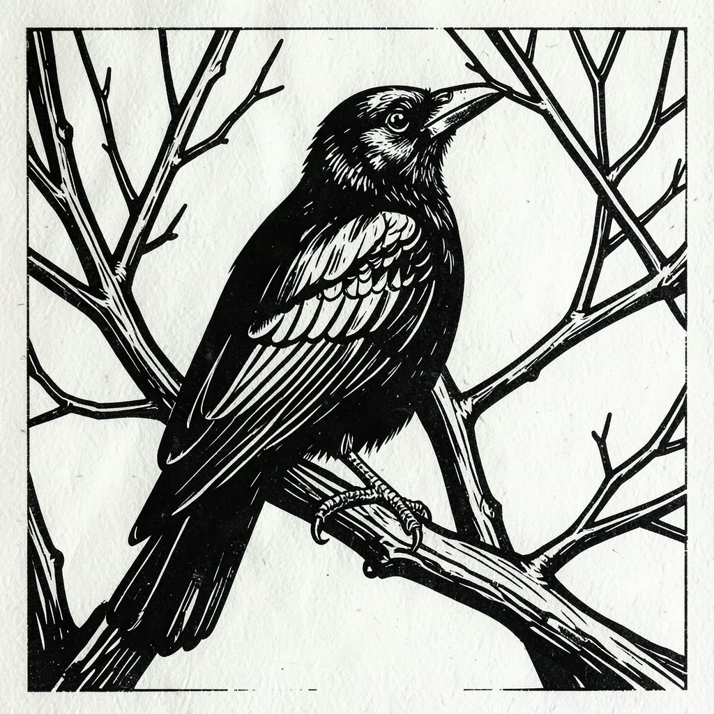 Raven on winter branch