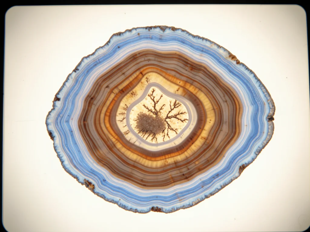 Backlit thin-slice of blue lace agate on light table, wavy parallel bands of pow