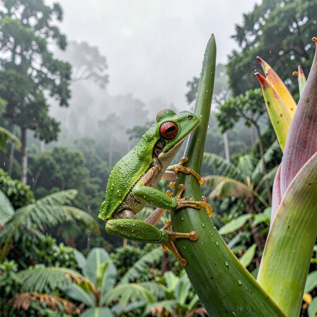 Cloud forest mist layers in Costa Rica, A red-eyed tree frog gripping a heliconi