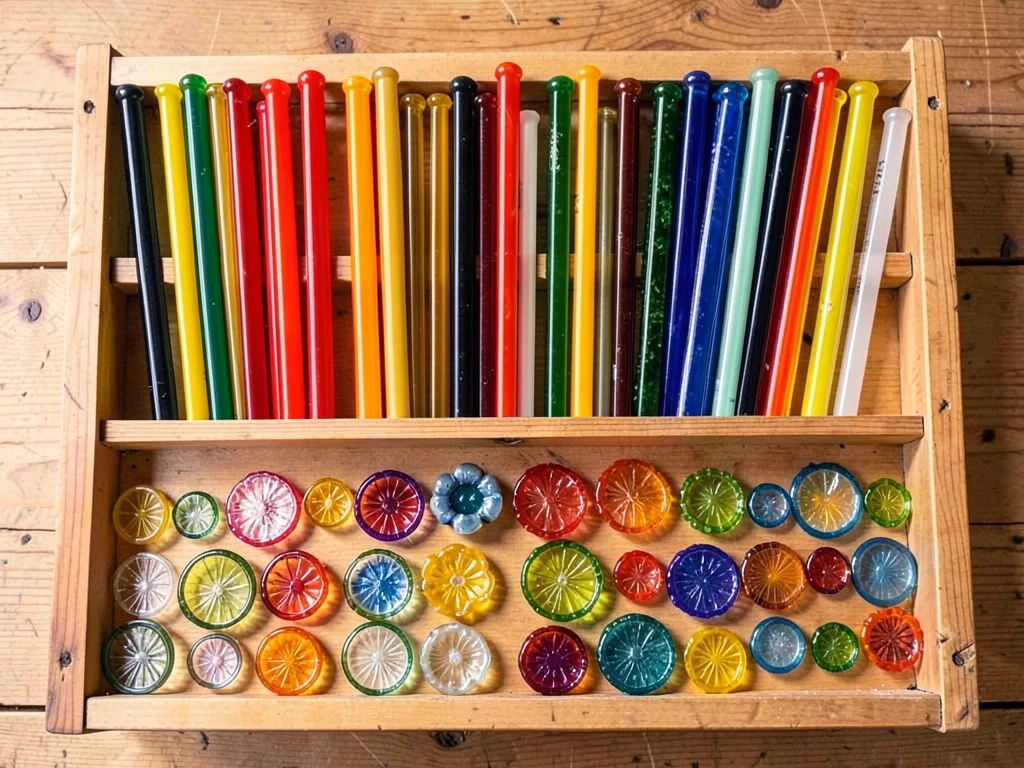 Glass rod color inventory — dozens of colored cane lengths sorted by hue in wood