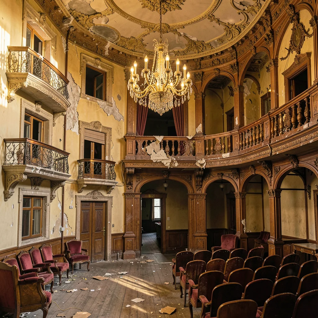 Crumbling Art Nouveau balconies in golden Tbilisi light, Art Nouveau theater int