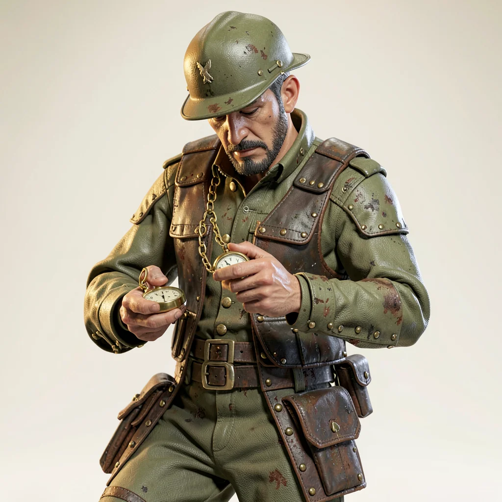 The courier checks a brass pocket-watch chained to his vest, leaning sideways as