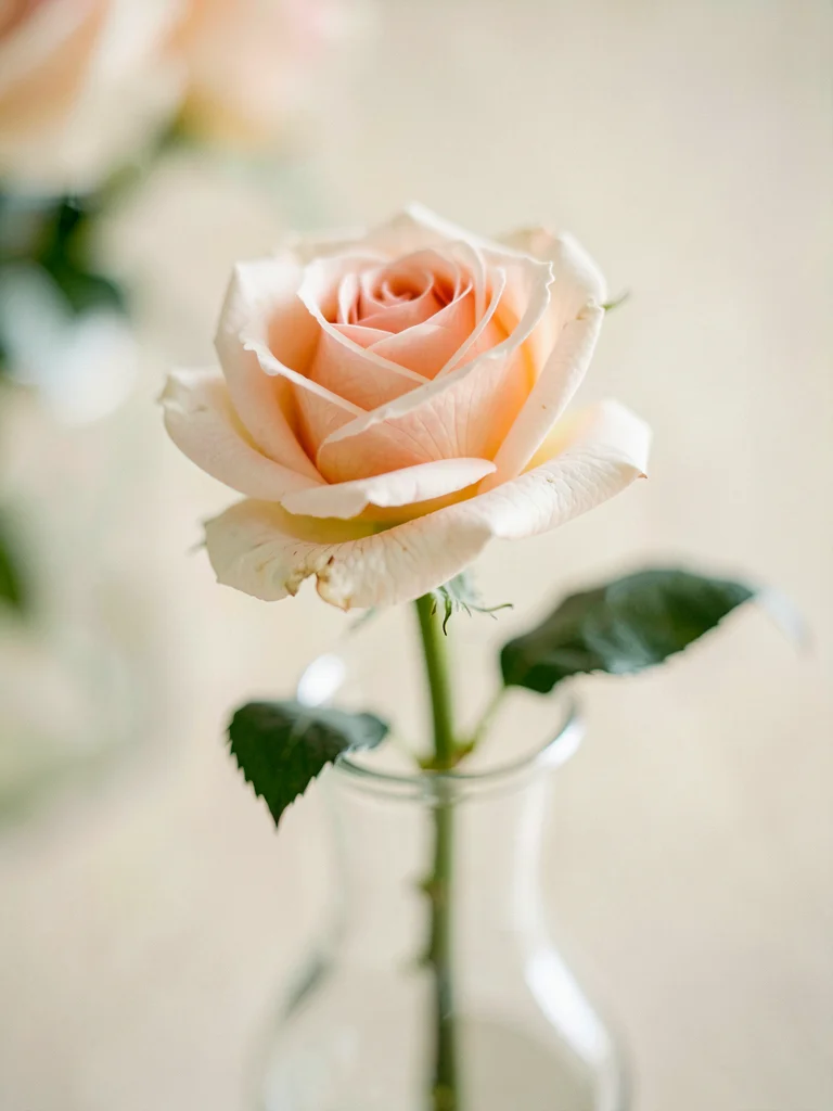 Single rose in vase, petals sharp, stem soft