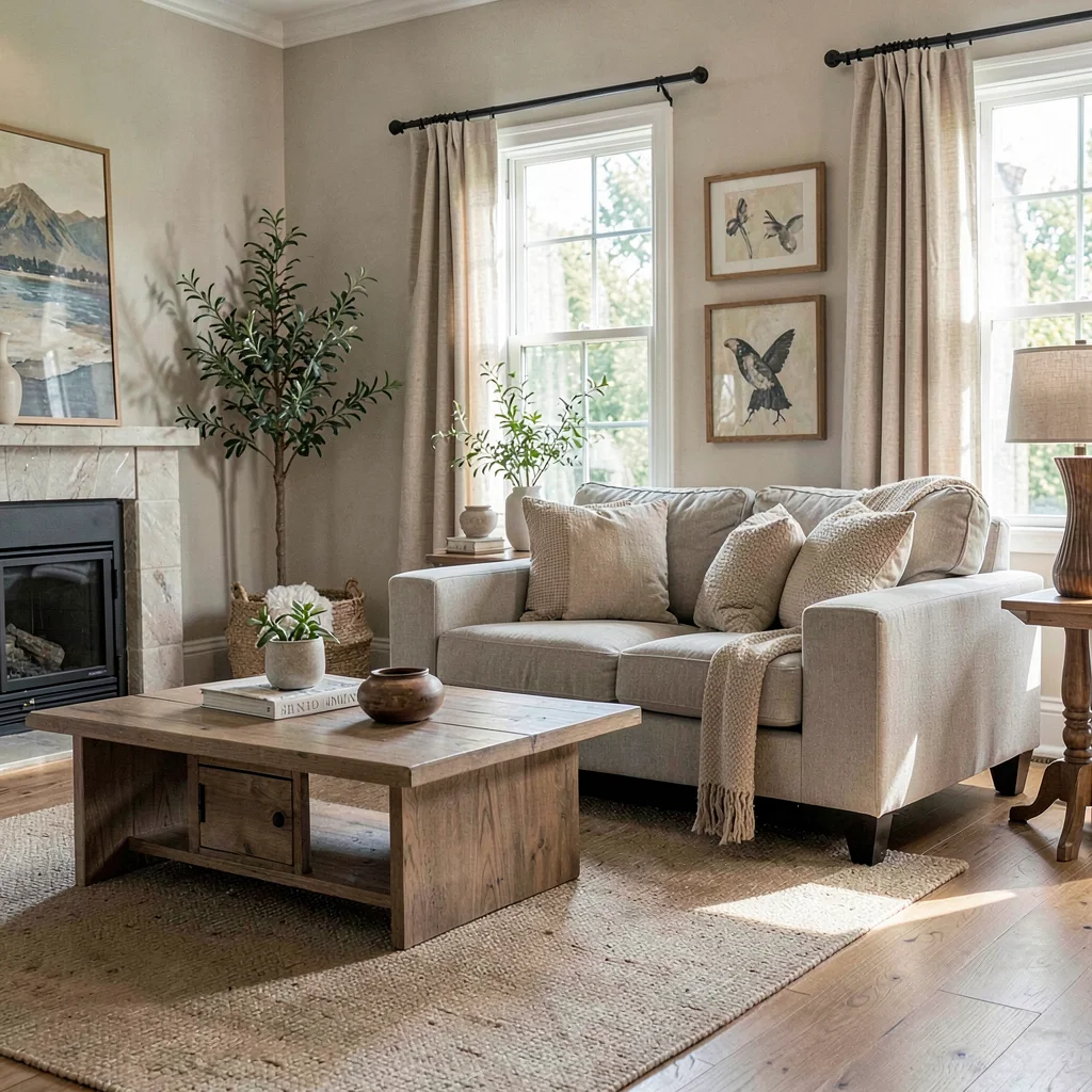 staged model home living room with neutral furnishings and styled accessories
