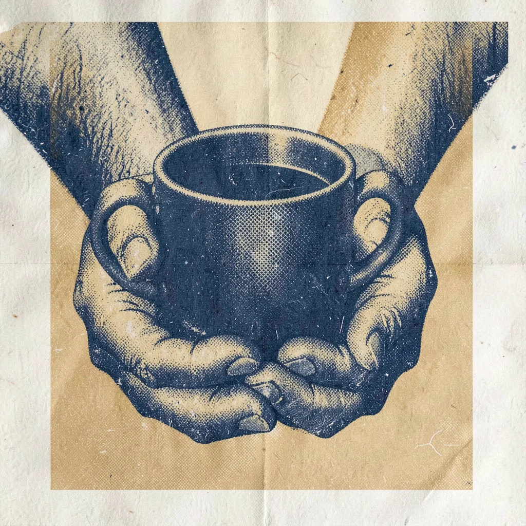 Riso poster motif of halftone hands cradling a halftone cup in indigo and ochre,