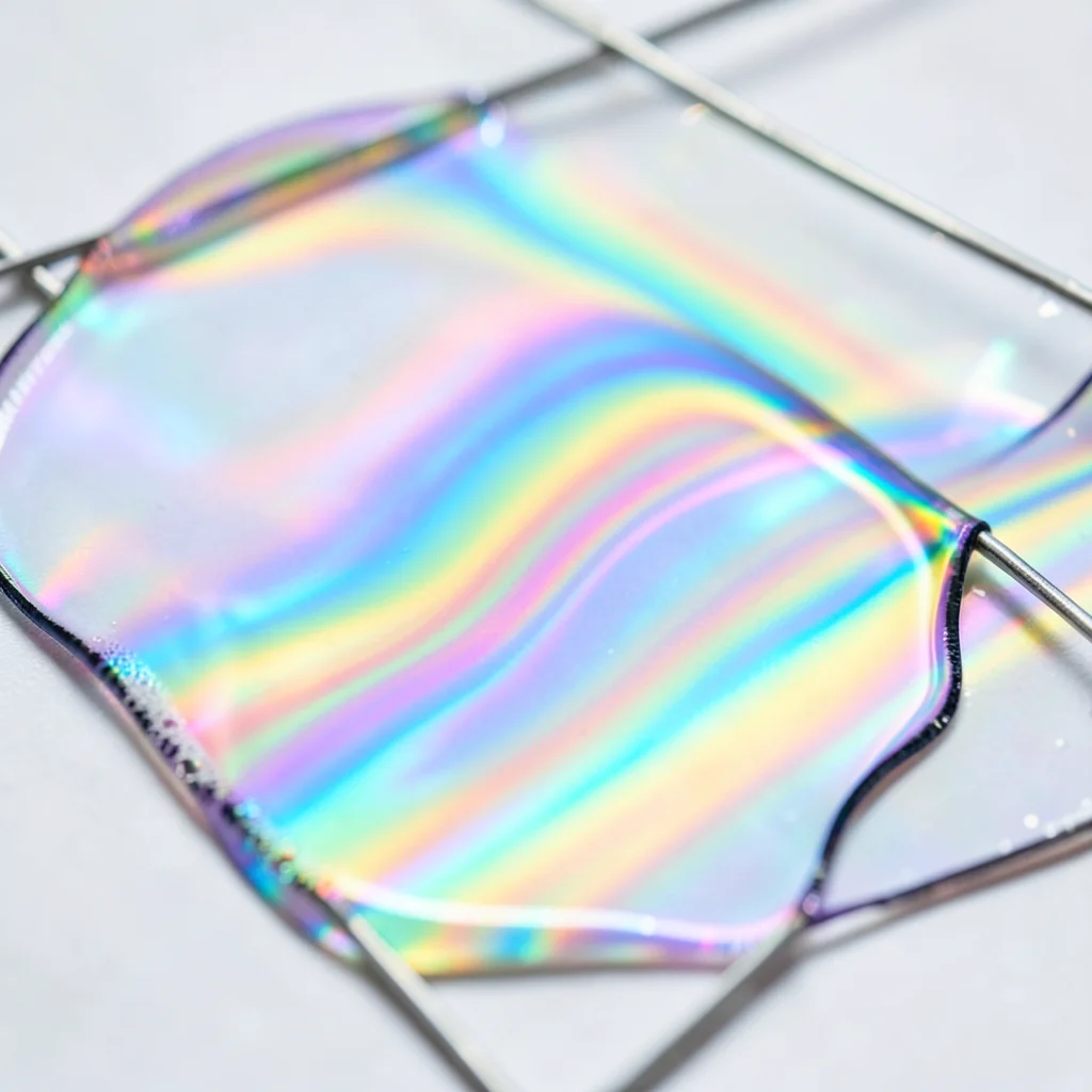 Soap film on a Möbius strip wire frame, continuous surface with flowing iridesce