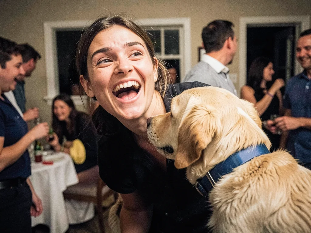 Person turning to discover their dog behind them at a house party, pure delight 