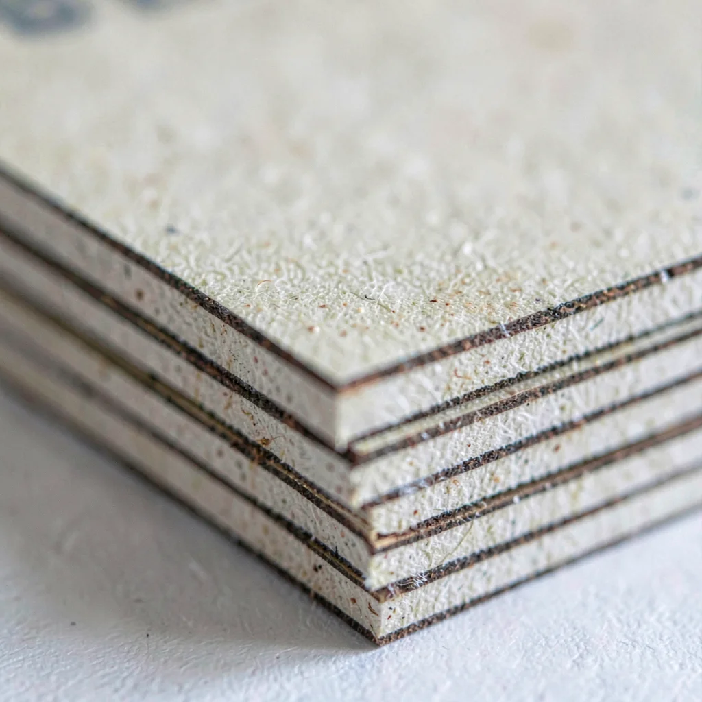 Mineral macro of a stack of binder's board cut into journal-sized rectangles