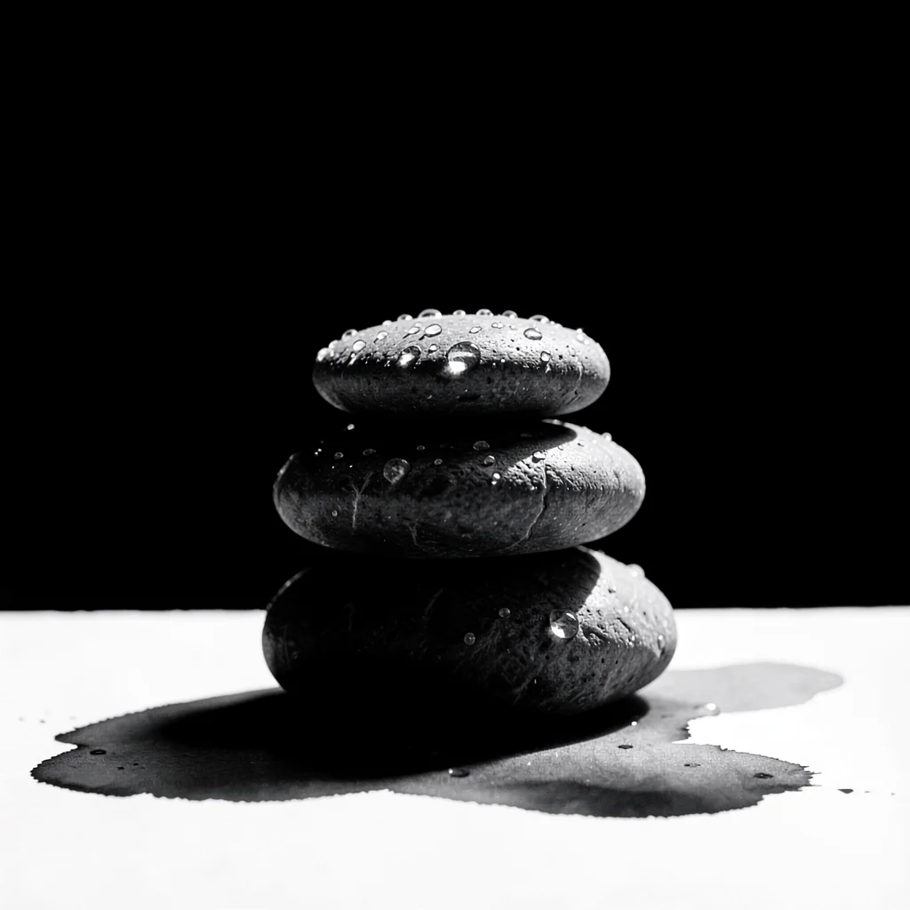 Stark minimalist composition, high contrast black and white tones, Stack of thre