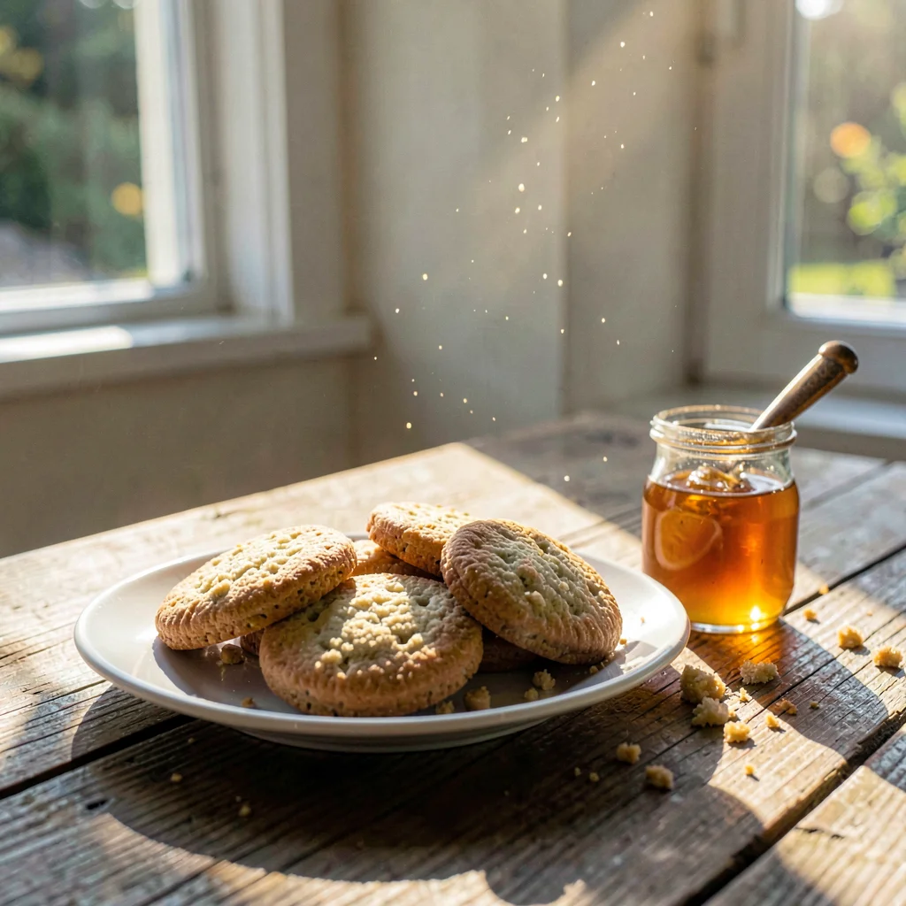 A plate of biscuits and a small pot of honey on a wood table at afternoon, sun p
