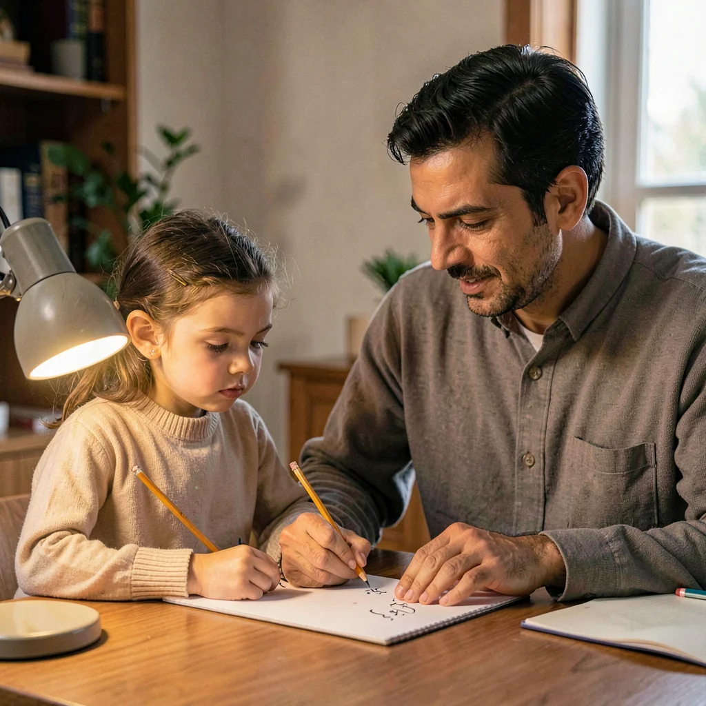 A patient Egyptian father in his thirties teaching a small daughter to write her